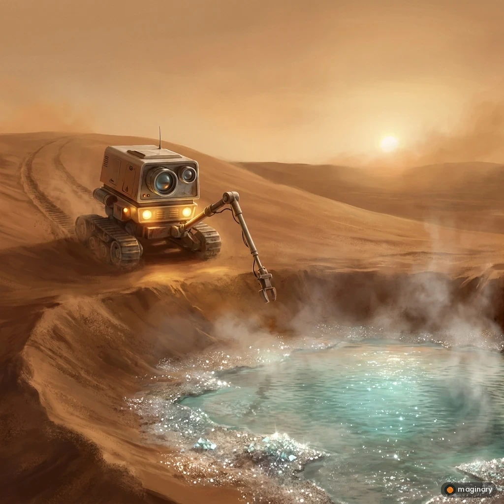 Cute Mars rover discovering a glowing turquoise oasis amid red Martian dunes at golden hour