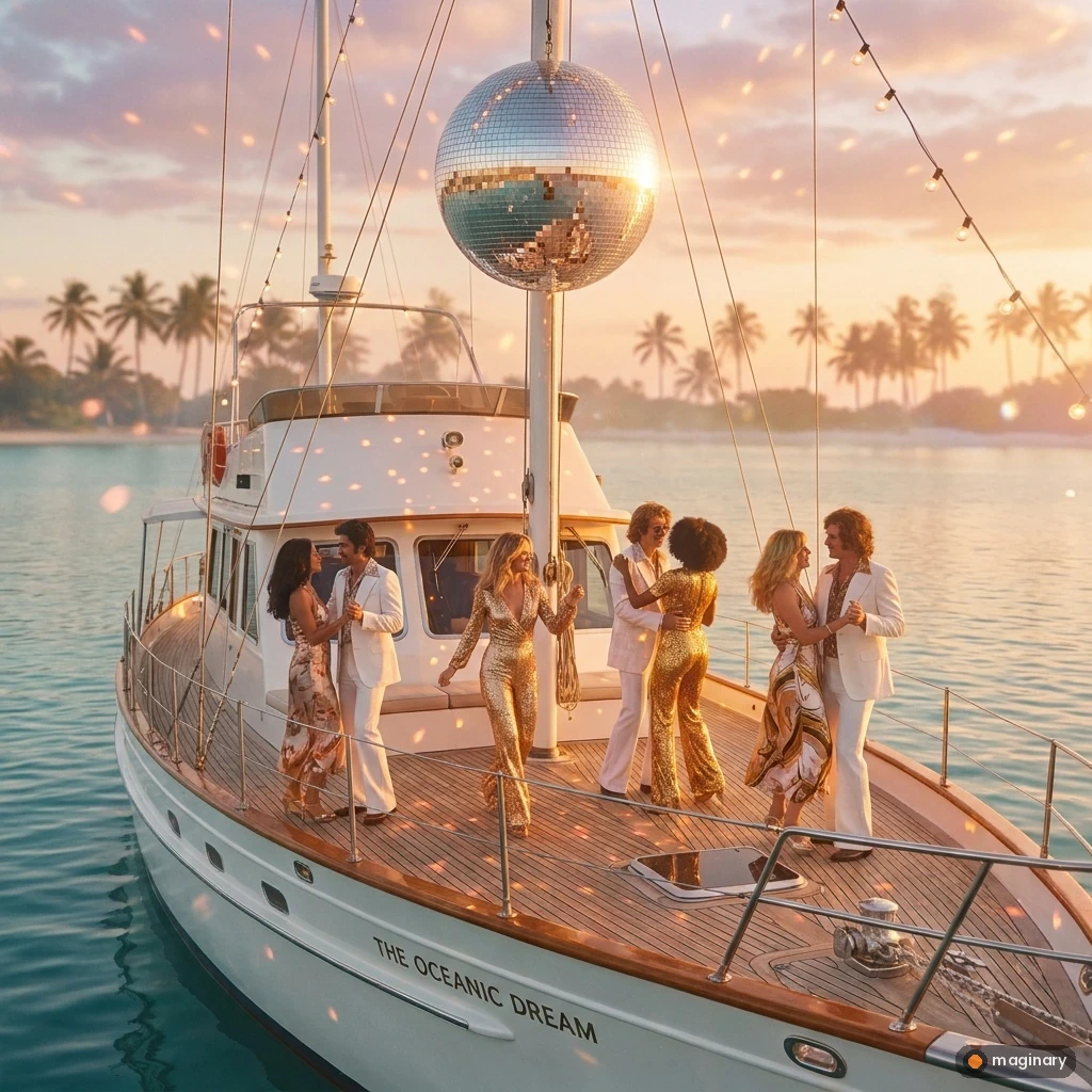 Retro-glam dancers twirl on a sunset yacht deck under a spinning disco ball on calm turquoise water.