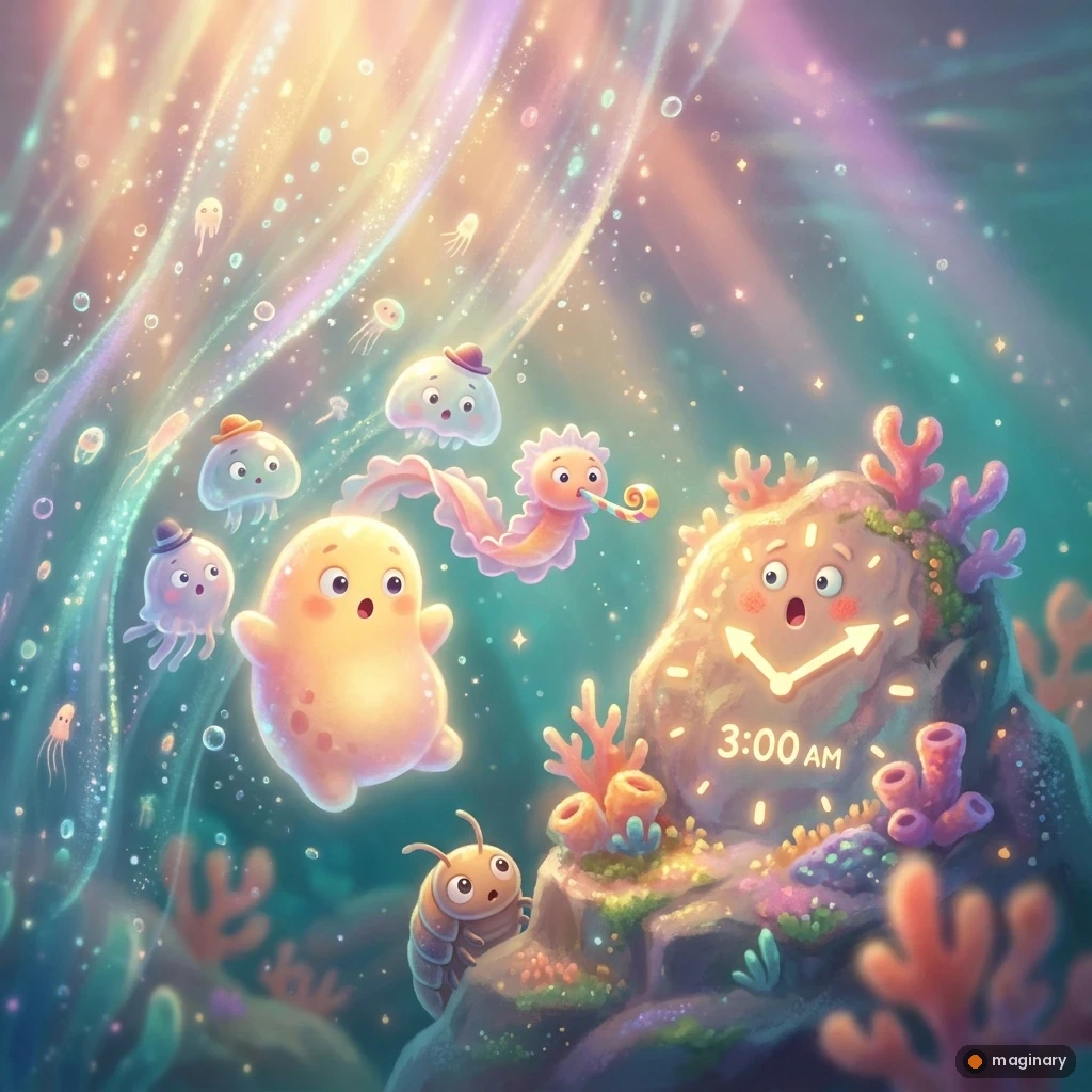 Cute translucent ancient sea creatures arriving early at a glowing underwater party in a primordial ocean