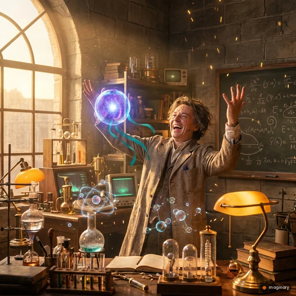Joyful scientist in a glowing lab marveling at a levitating quantum orb amid holographic molecules and golden sparks.