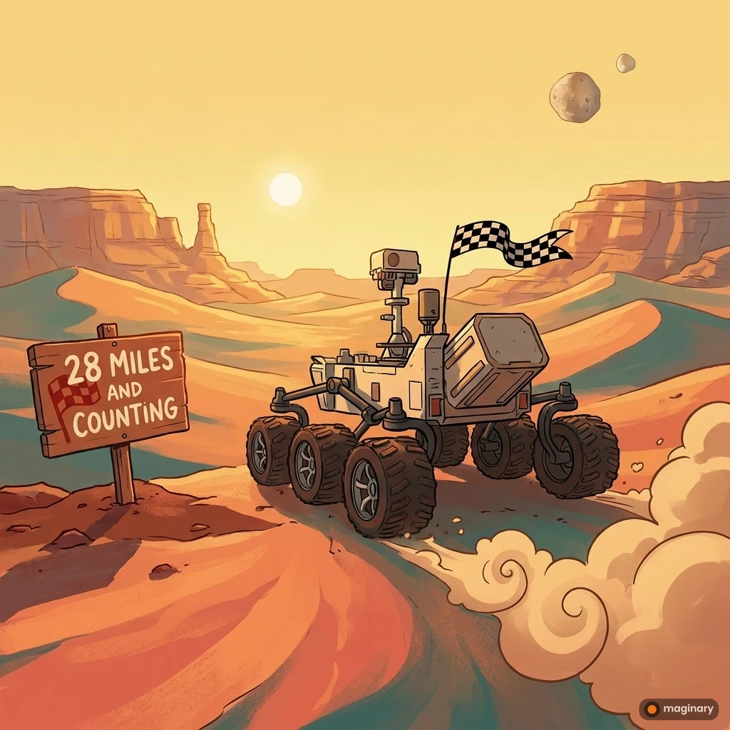Cheerful Mars rover driving across orange dunes past a '28 miles and counting' sign under a butterscotch sky.