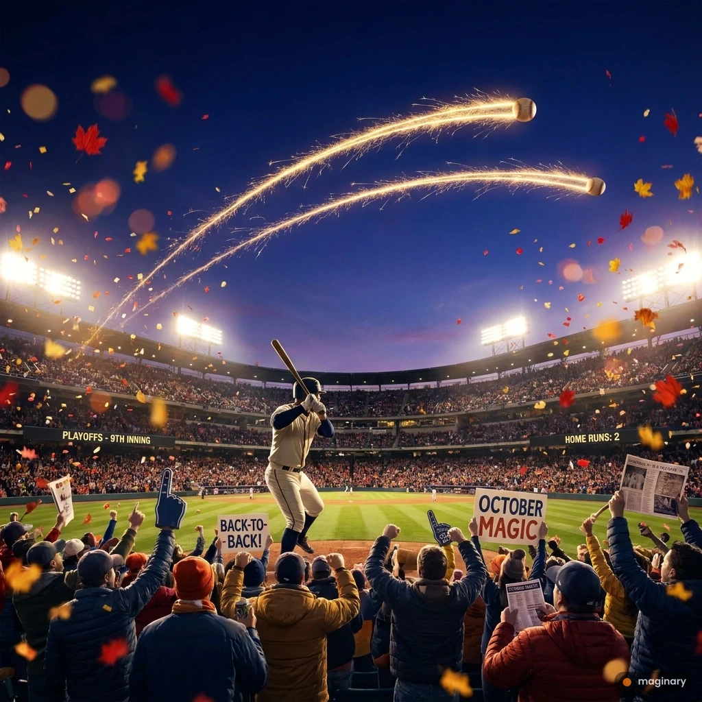 Two baseballs soar like comets over a floodlit stadium as fans cheer and autumn confetti swirls.