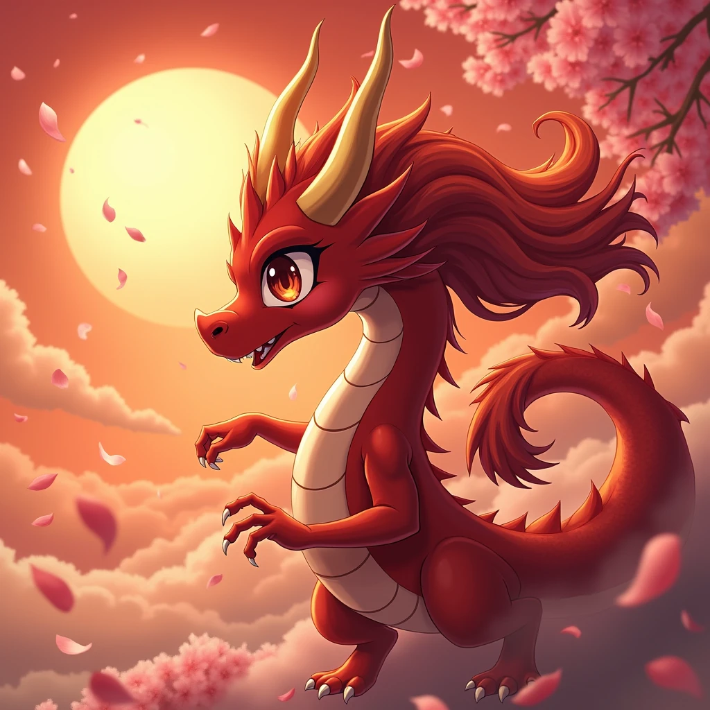 mythical red dragon girl, sakura, red shift, gorgeous sunset