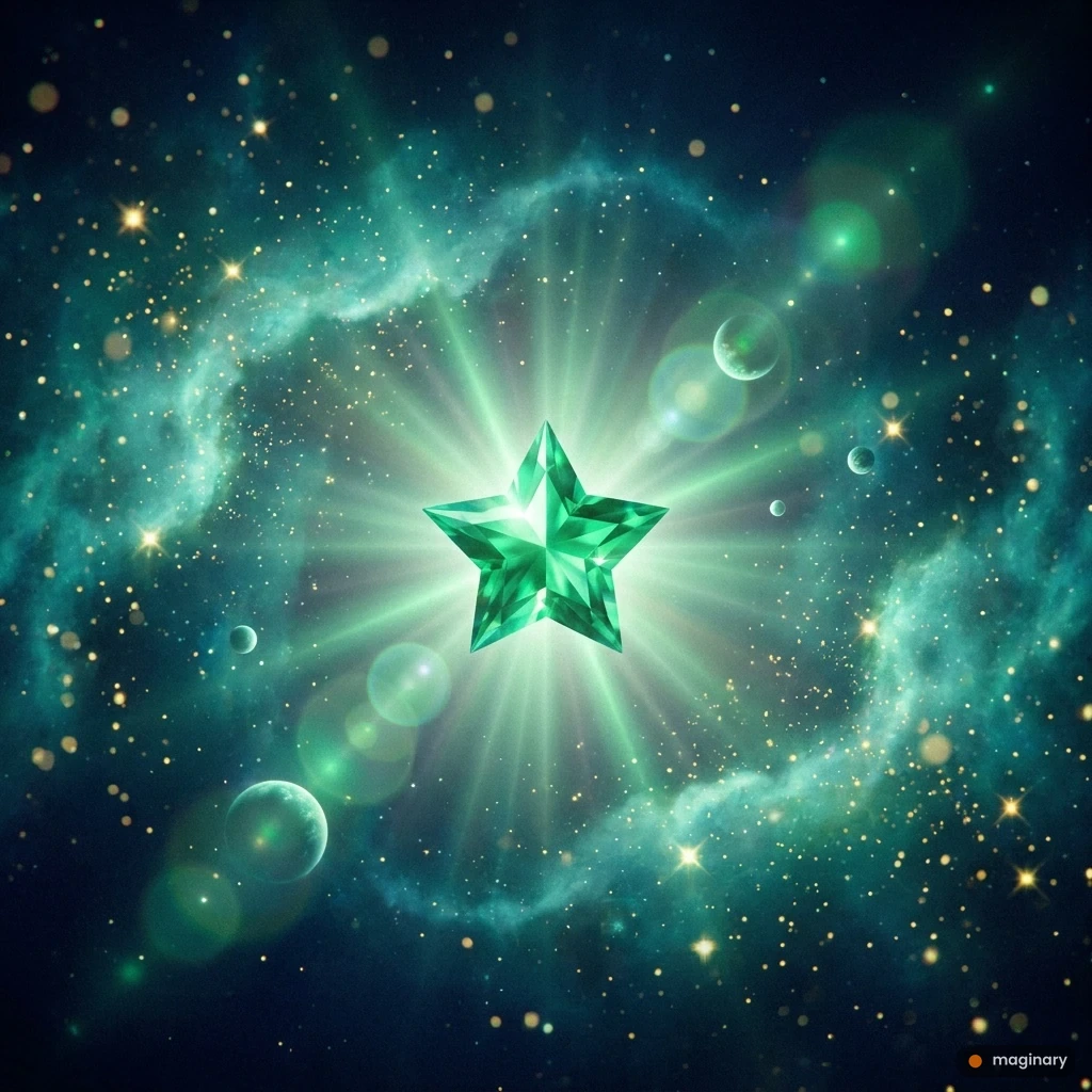 A glowing emerald-green star shining in a teal and indigo cosmos with swirling nebula and tiny planets.