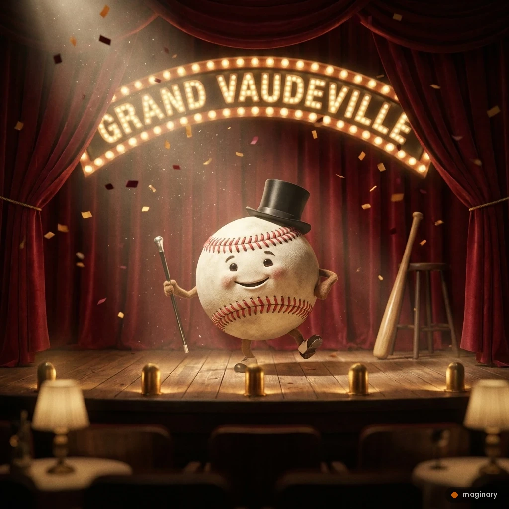 Cartoon baseball in a top hat tap-dancing with a cane on a velvet-curtained Broadway stage amid confetti.