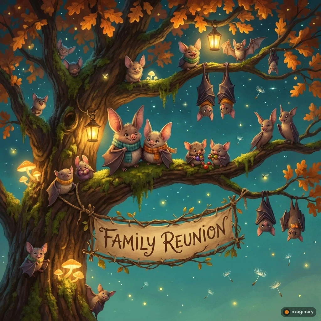 Diverse cartoon bats gathered on a glowing oak family tree at dusk with fireflies and a twig banner.