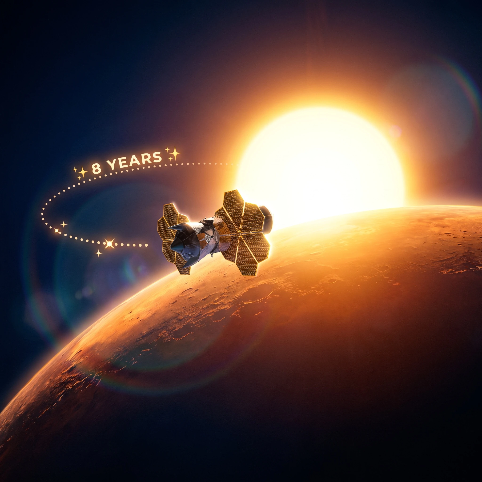 Golden spacecraft on final approach to glowing Mercury with the blazing Sun beyond in deep space