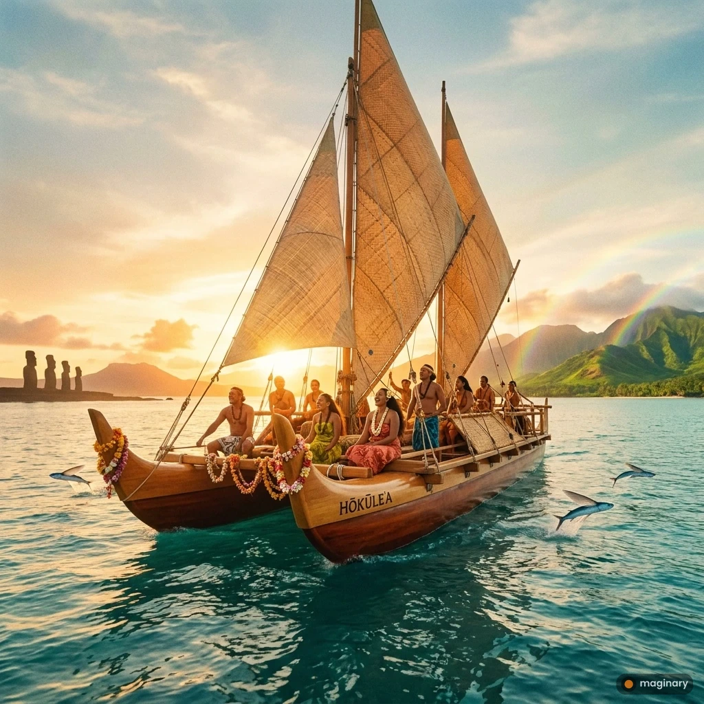 Polynesian double-hulled canoe sailing from moai-dotted shore toward rainbow-topped Hawaiian islands at golden hour