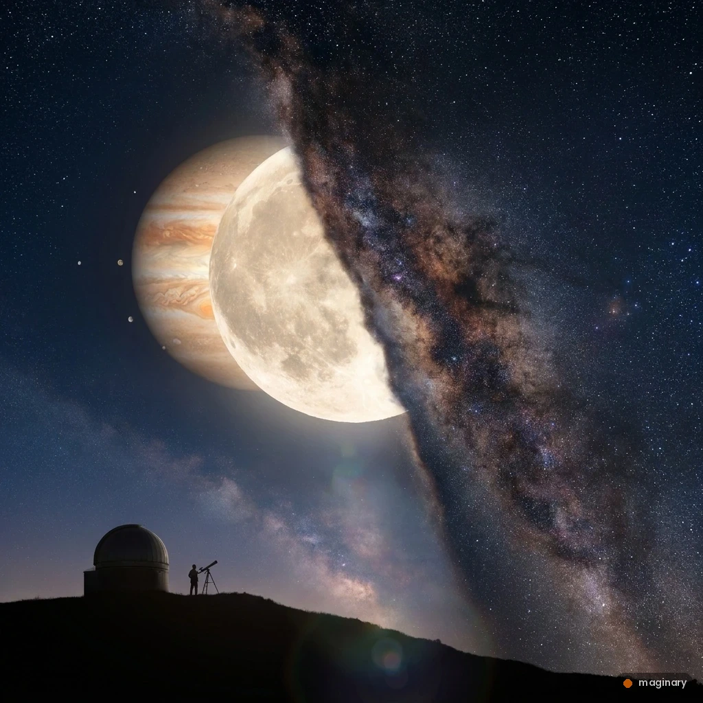 Glowing Moon hiding striped Jupiter behind it in a starry sky, with a tiny stargazer on a hill below.