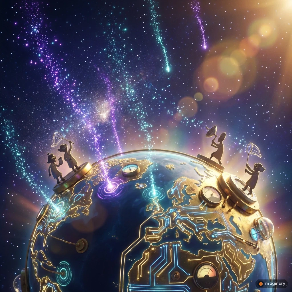 Planet Earth glowing as a giant detector catching sparkles of dark matter from starry space.