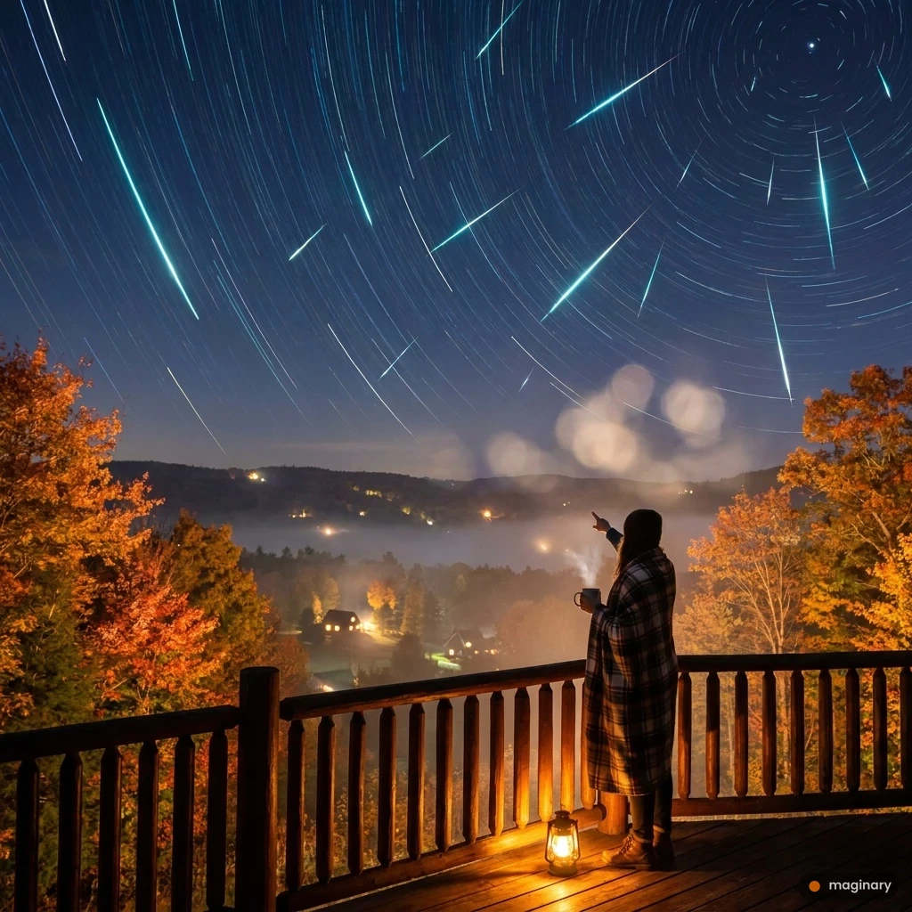 Orionid meteors streaking over a hilltop of fiery autumn trees as a blanketed stargazer watches at night.