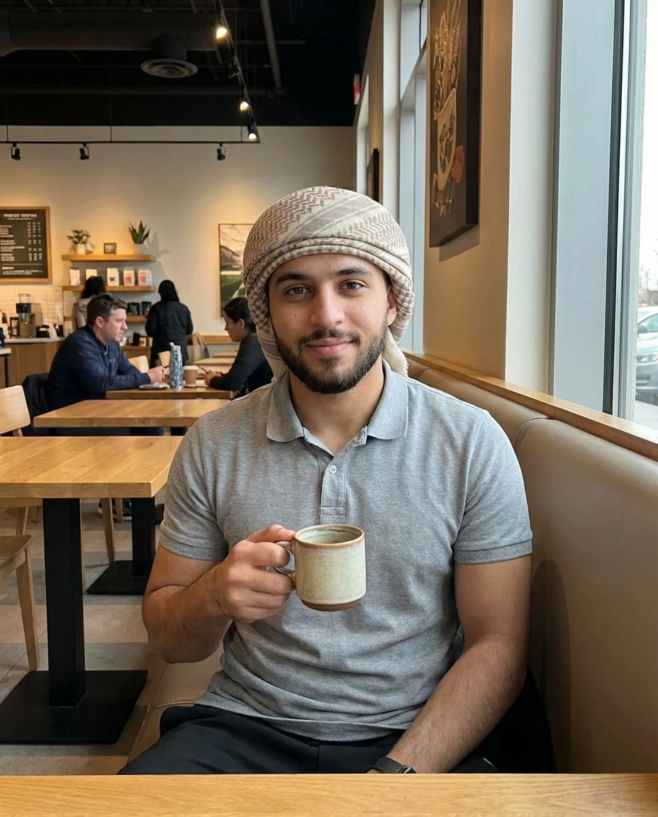 Confident Arab Man in Cafe: Casual Dating Profile Photo