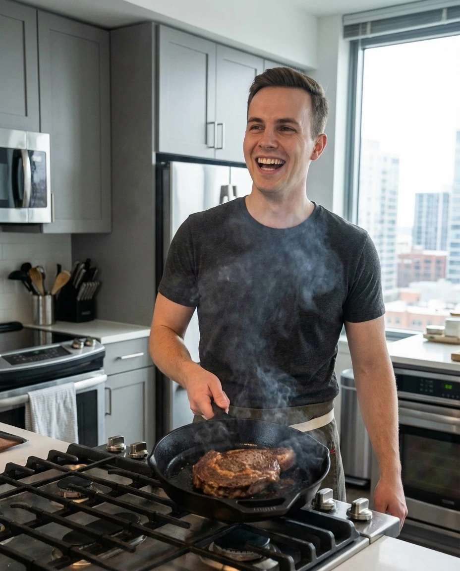 Laughing Man Cooking Steak in Modern Kitchen
