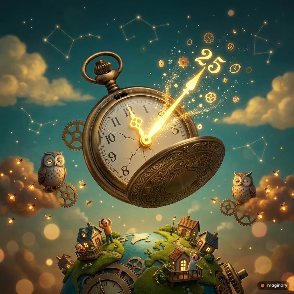 Giant brass pocket watch over a tiny clockwork Earth, glowing bonus hour hand, stardust and cozy twilight hills