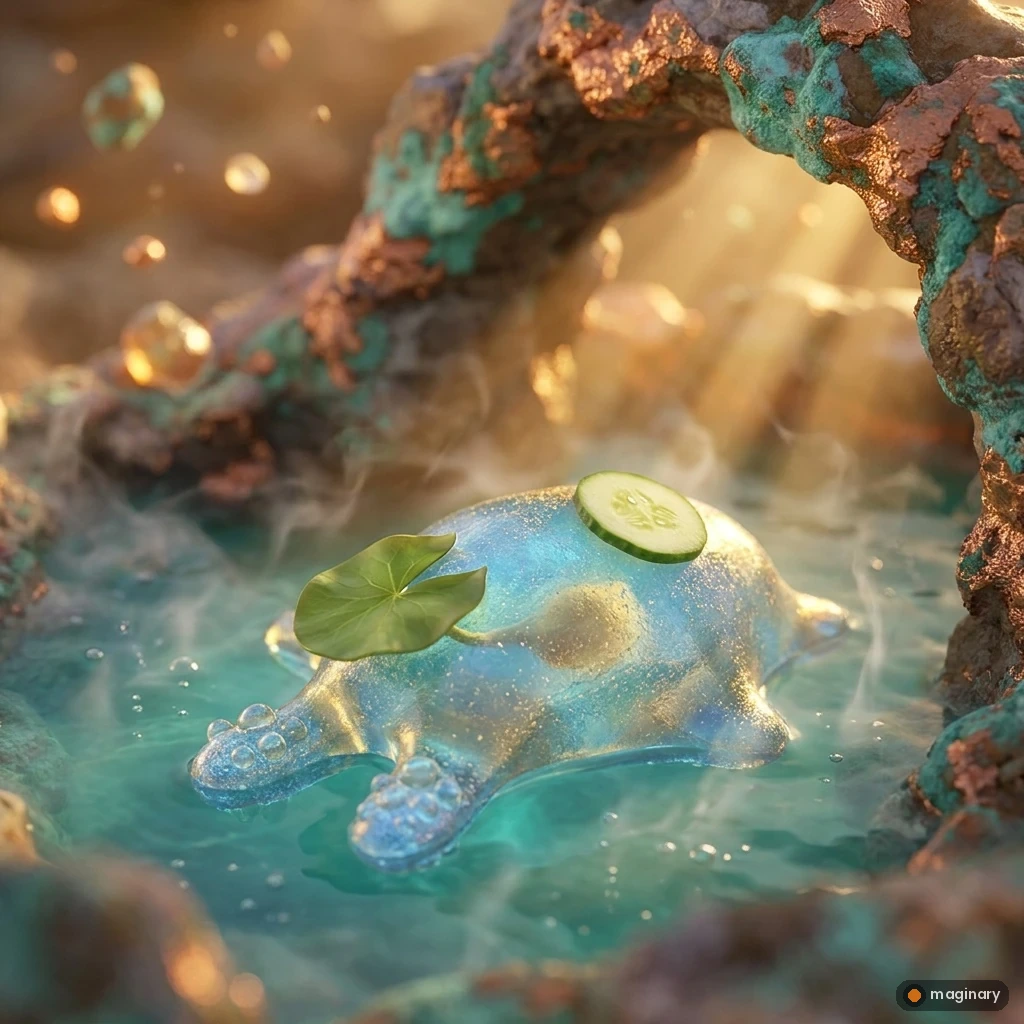 Cartoon-real amoeba relaxing in a steaming turquoise hot spring with a cucumber slice and tiny towel.