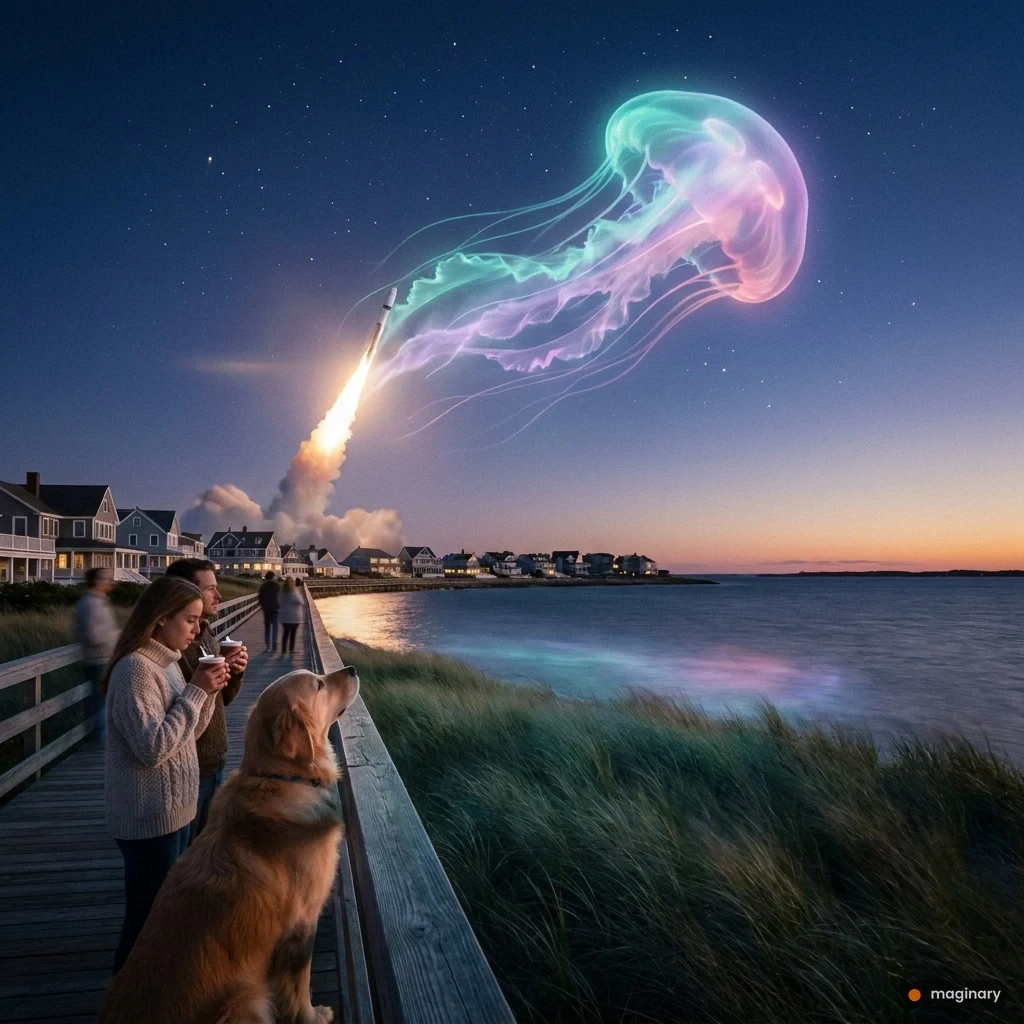 Glowing teal and pink rocket plume shaped like a jellyfish over a coastal boardwalk at twilight