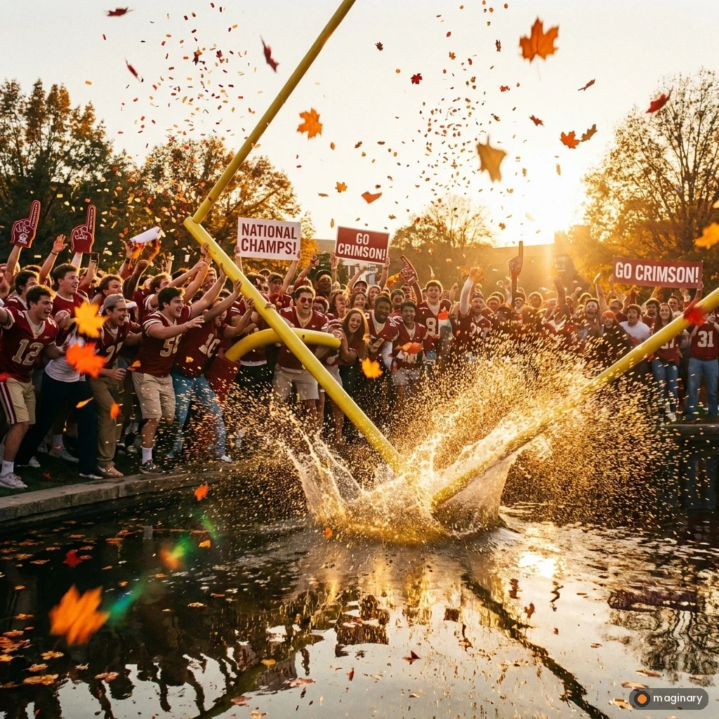 Cheering students carry a yellow goalpost into a campus pond, sending up a golden splash amid autumn leaves.