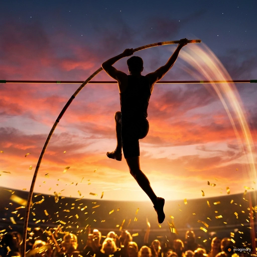 A pole vaulter arcs over a bar set among clouds and stars above a glowing sunset stadium.