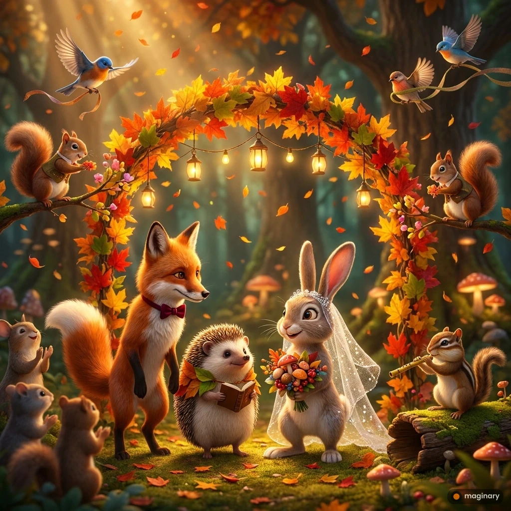 Whimsical autumn forest wedding with a fox groom and rabbit bride under a foliage arch with firefly lanterns.