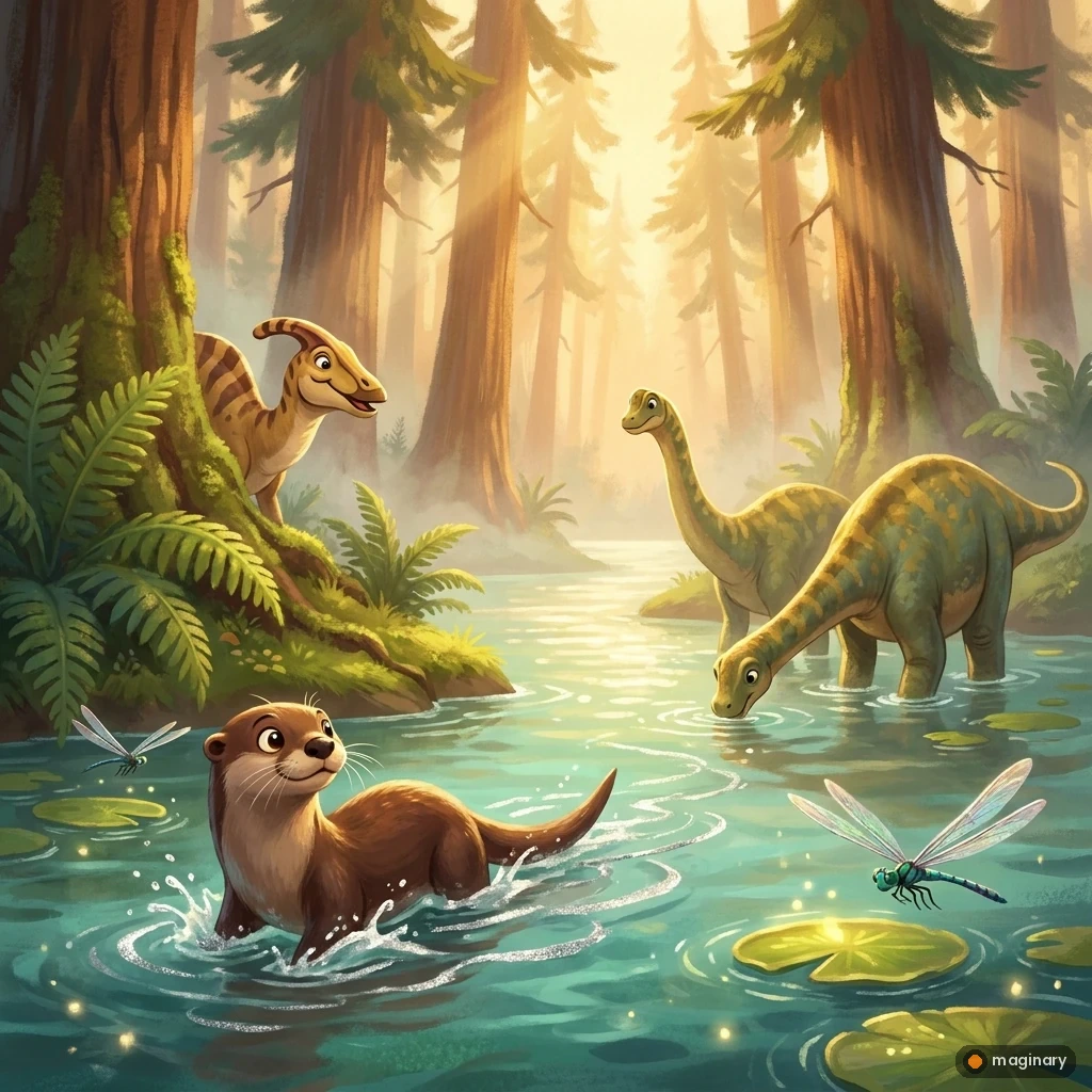 Cute prehistoric otter-like mammal swimming in a sunlit lake as gentle dinosaurs wade nearby.
