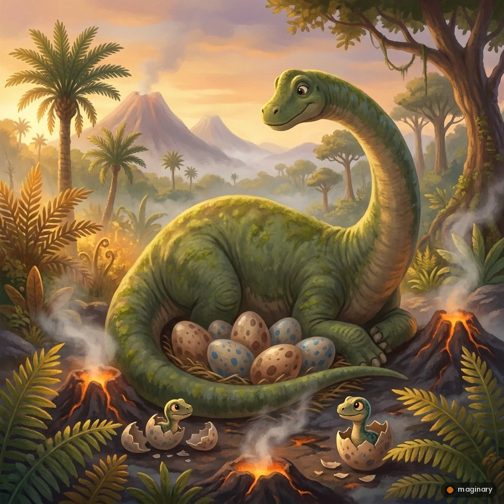 Giant long-necked dinosaur curled around speckled eggs in a warm, steaming geothermal nest at golden hour.