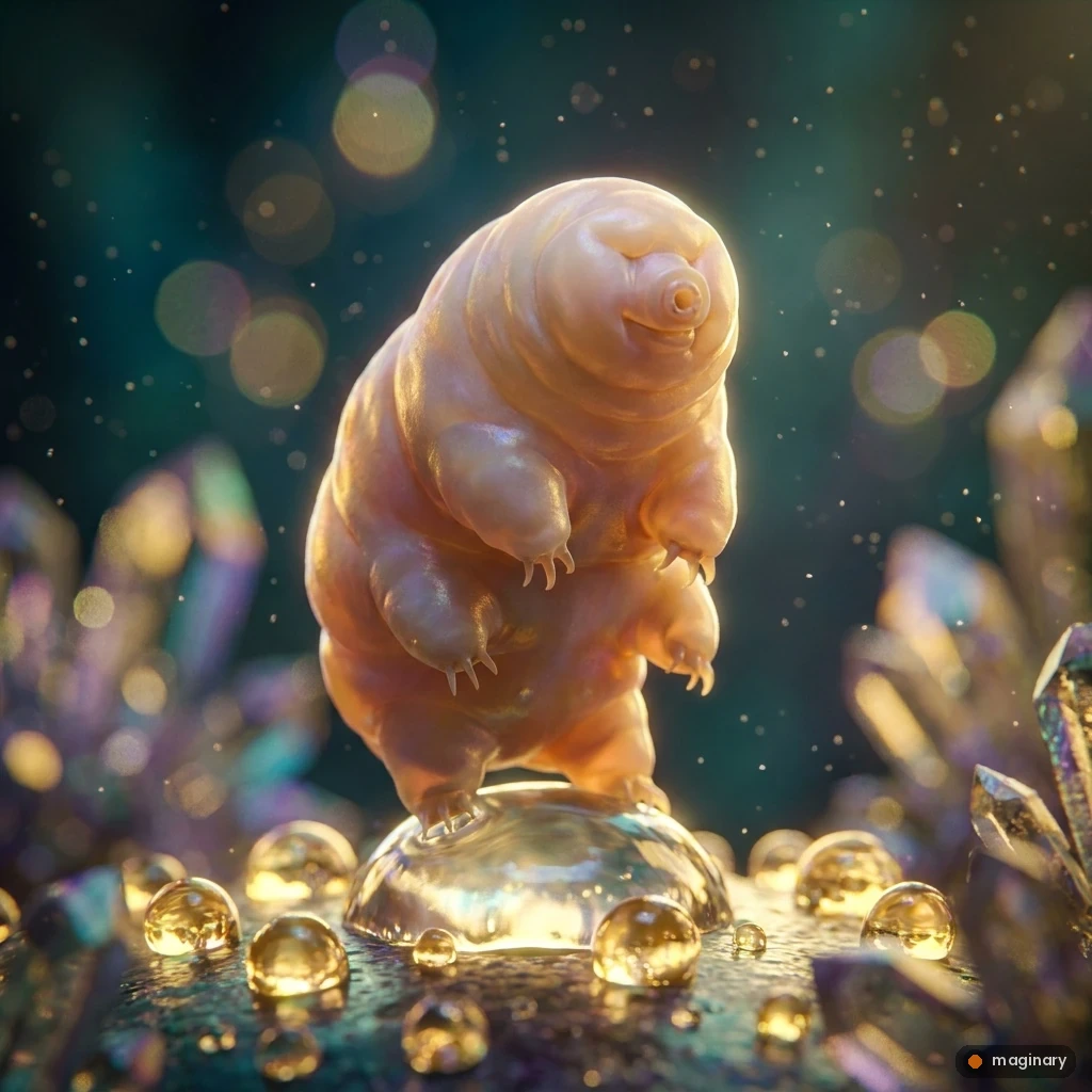 A cute chubby tardigrade posing on a dewdrop under golden spotlights in a sparkling microscopic studio.