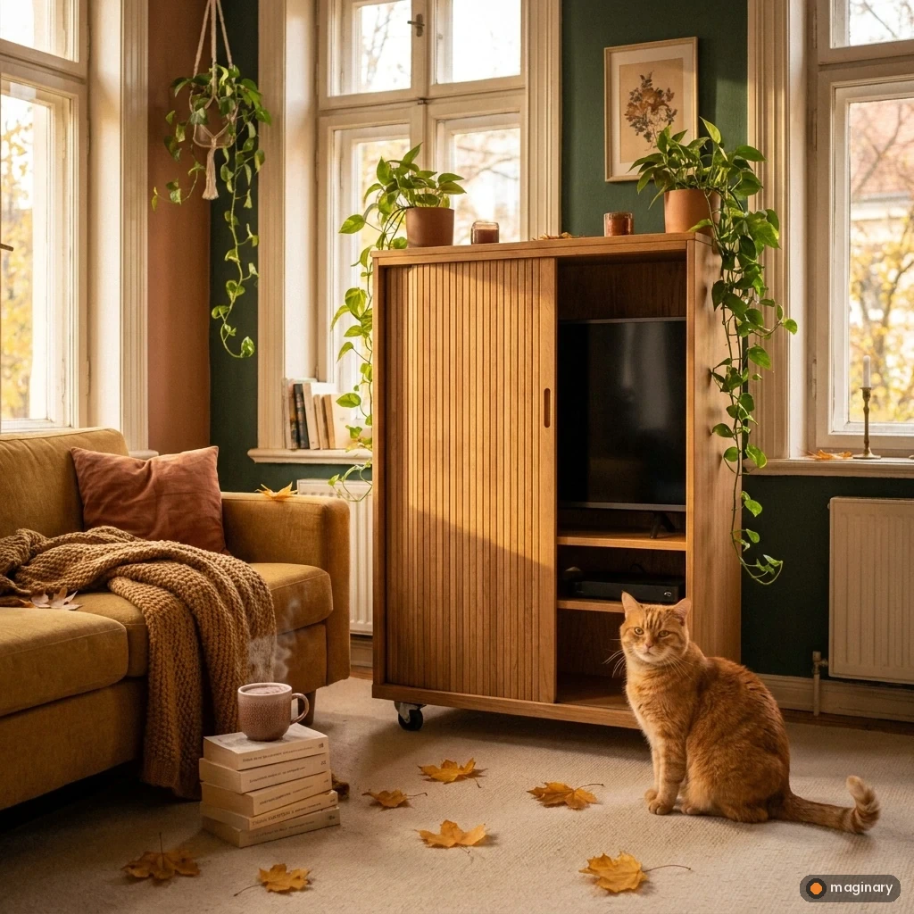 Cozy autumn living room with a rolling cabinet sliding to hide a TV, a proud ginger cat nearby and warm light.