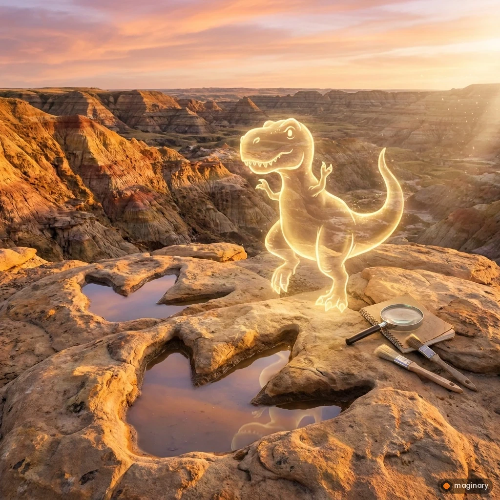 Ghostly friendly T. rex stepping above giant fossil footprints in glowing badlands at sunset.