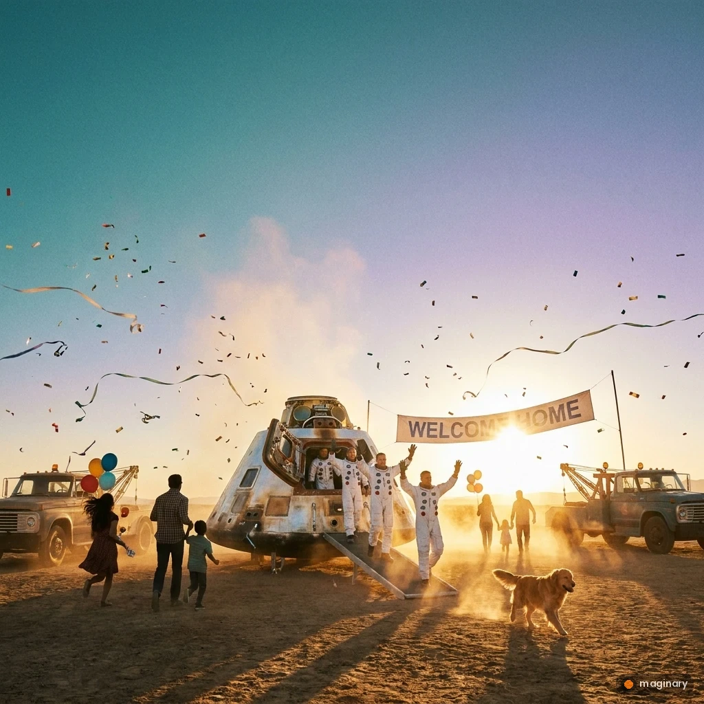 Four smiling astronauts stepping from a space capsule at sunset, greeted by confetti, balloons, and family.