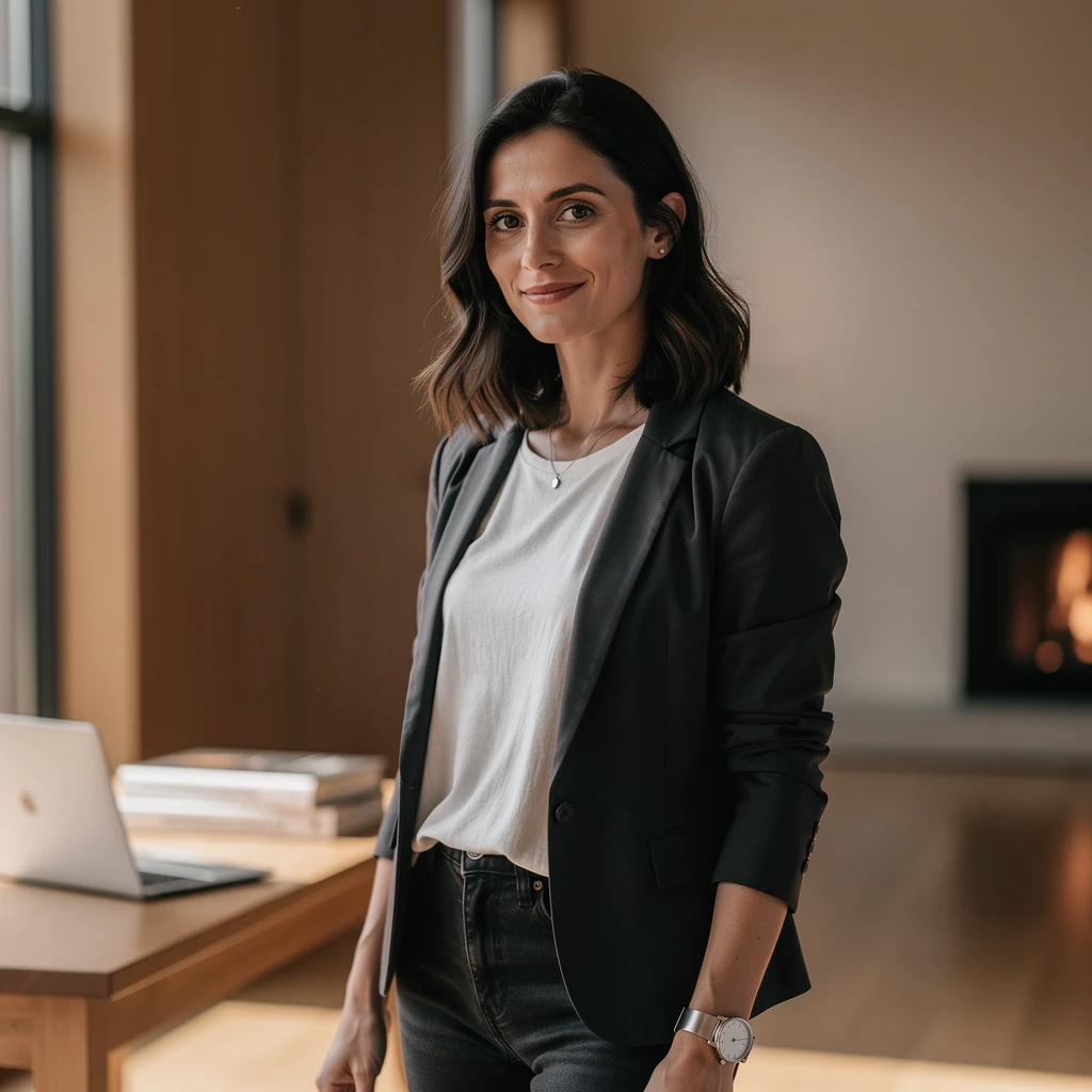 Photorealistic Portrait of Confident Young Woman in Minimalist Space