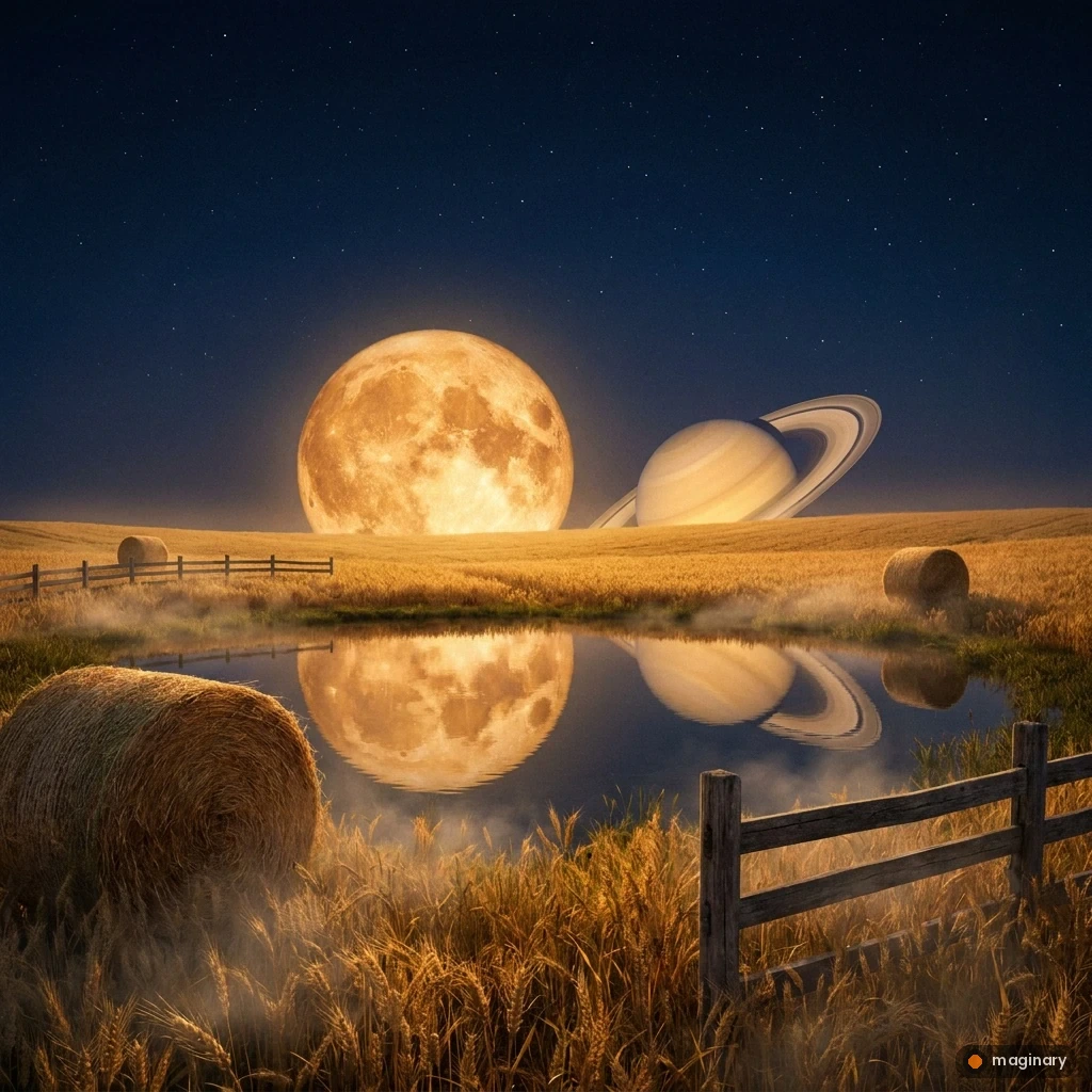 Giant amber Harvest Moon and ringed Saturn glowing side by side over a misty golden autumn field.