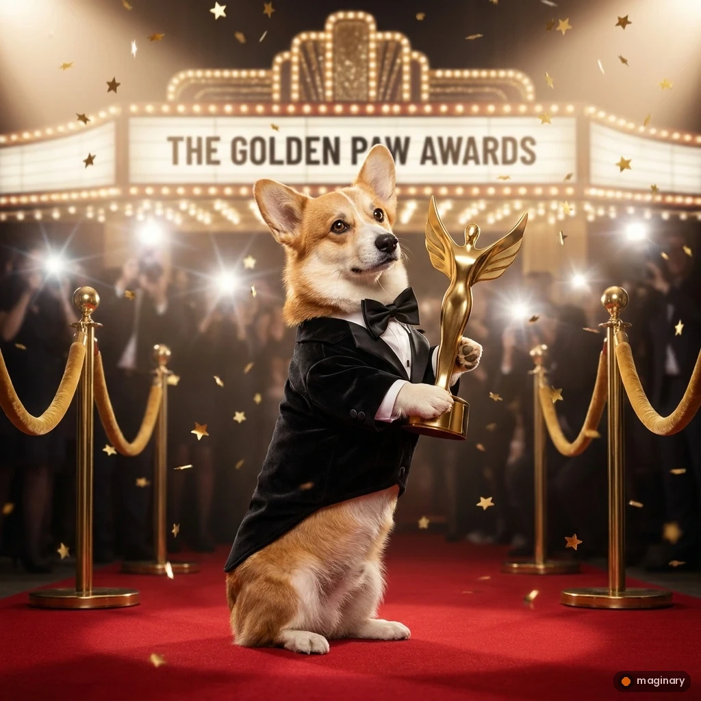 A corgi in a tuxedo holds a golden winged statuette on a red carpet amid sparkling camera flashes.