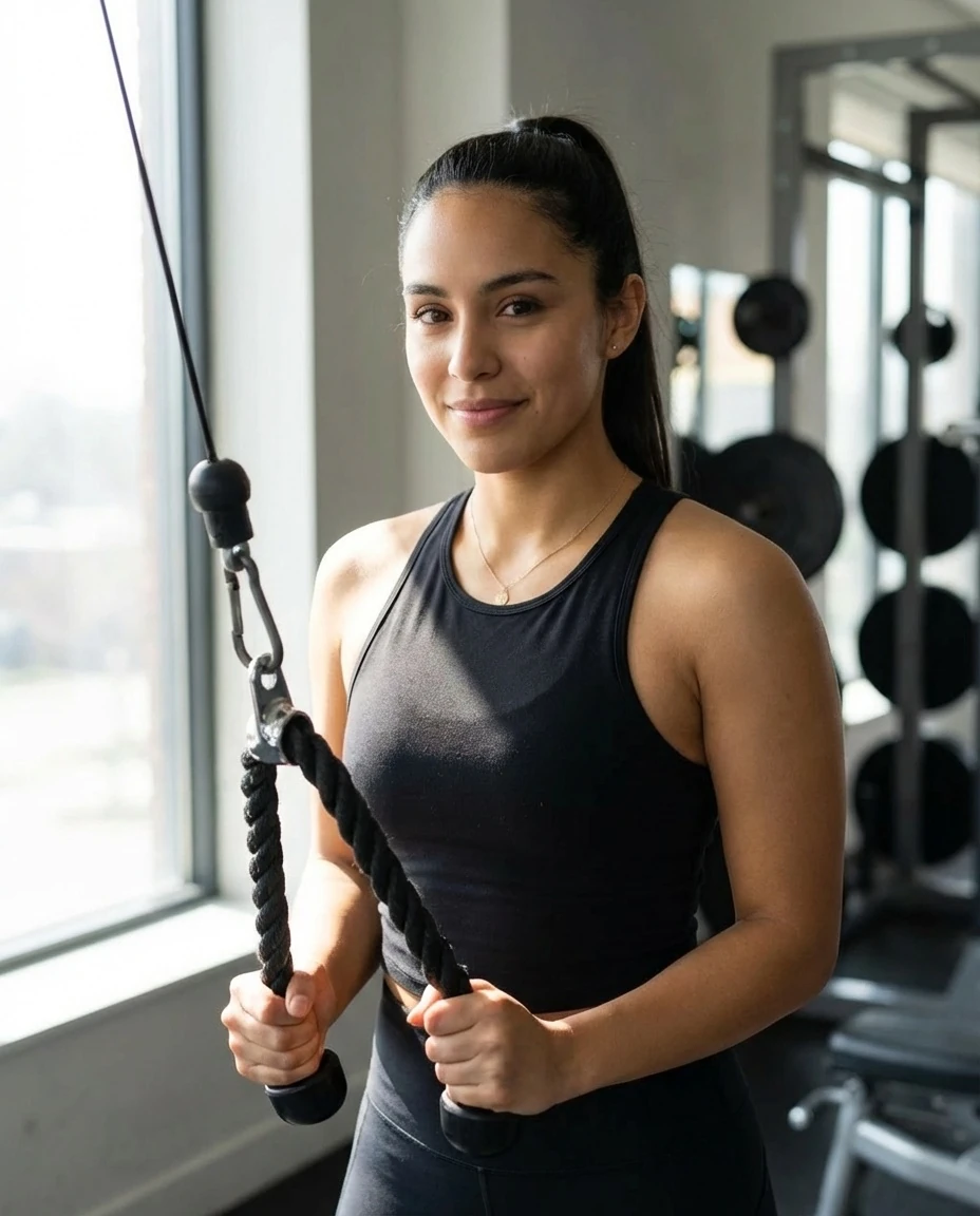 Confident Latina Woman in Gym Setting with Subtle Smile