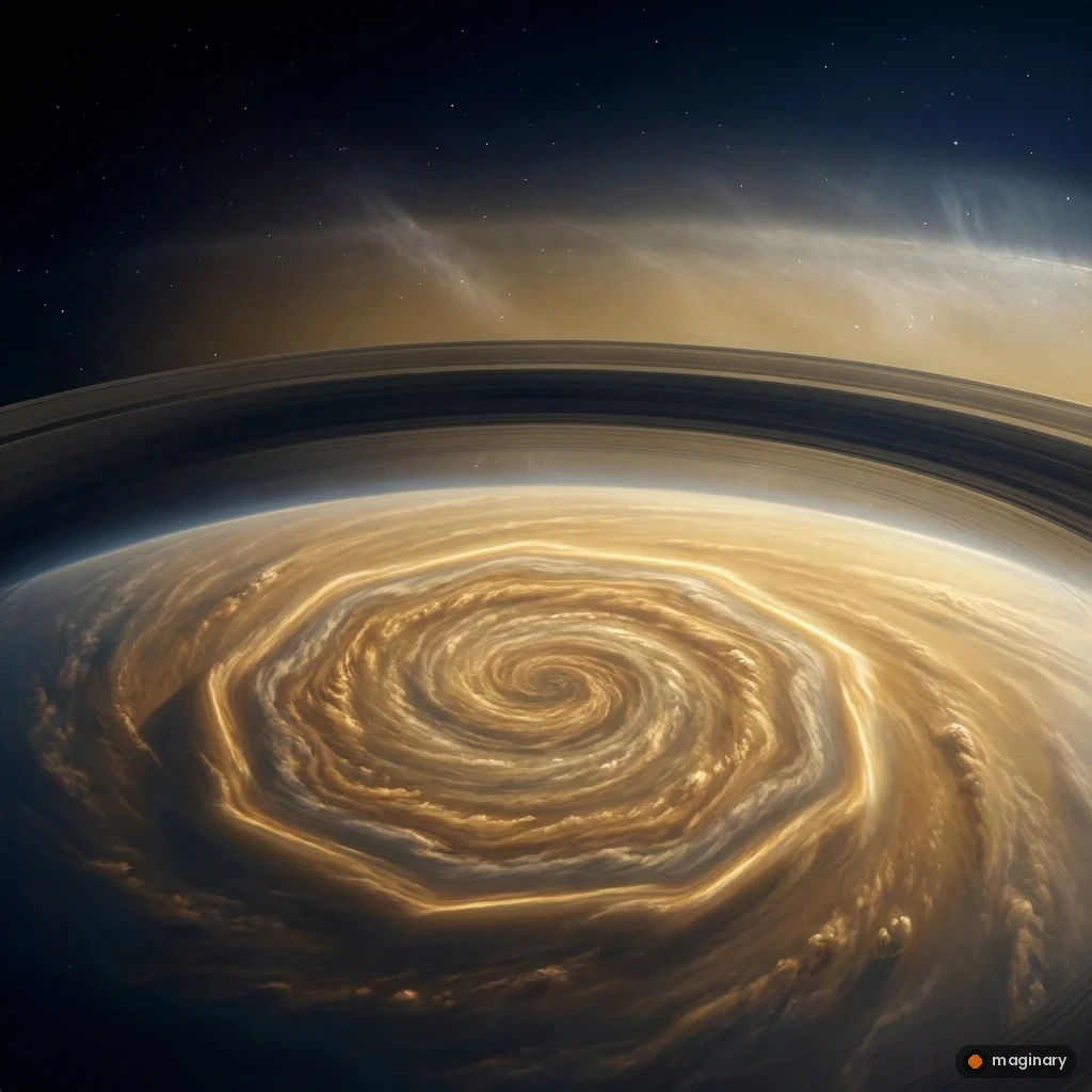 Cinematic top-down view of Saturn's golden south pole with a glowing ten-sided decagon storm.