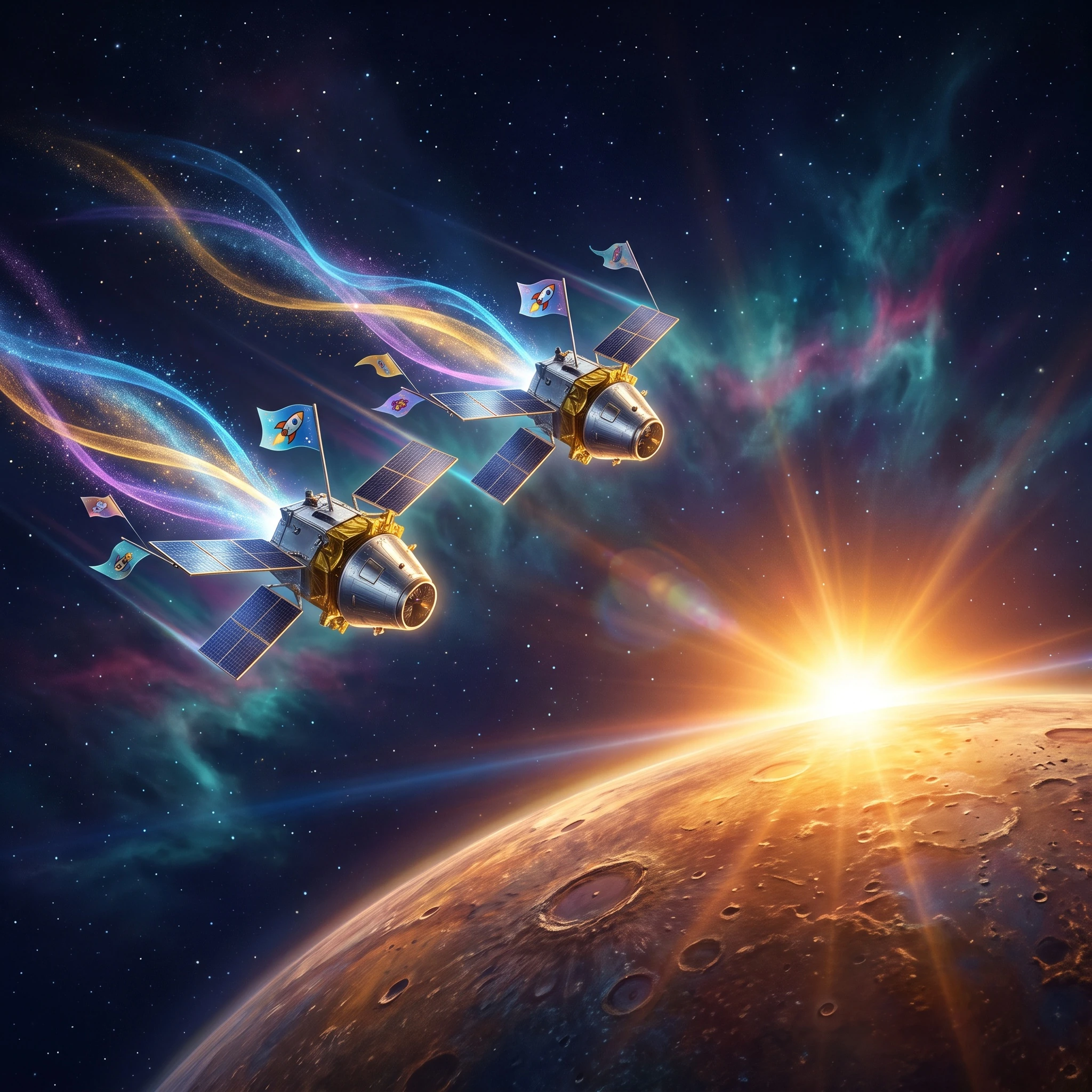 Two shiny space probes arriving at glowing amber planet Mercury against a starry cosmic sky