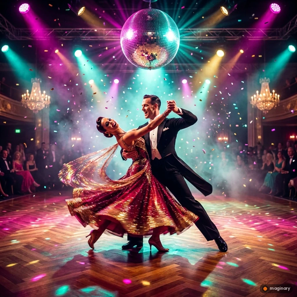 Glamorous couple mid-tango dip under a mirror ball, sequins and confetti sparkling in colorful stage lights
