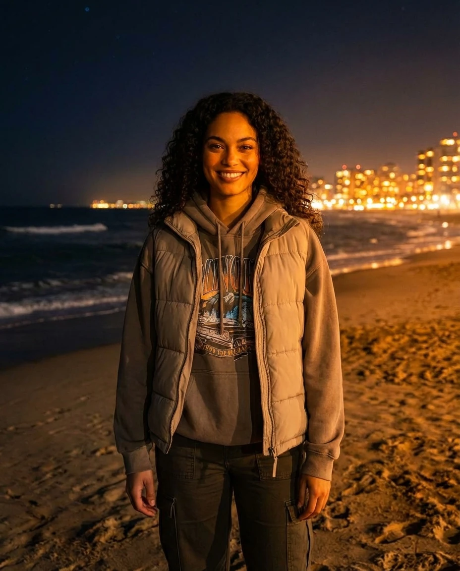 Warm Smiling Young Woman at Night Beach Cityscape