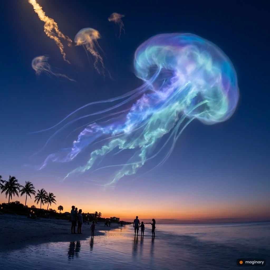 Glowing blue-green rocket plume shaped like a jellyfish spreading across a twilight Florida beach sky.
