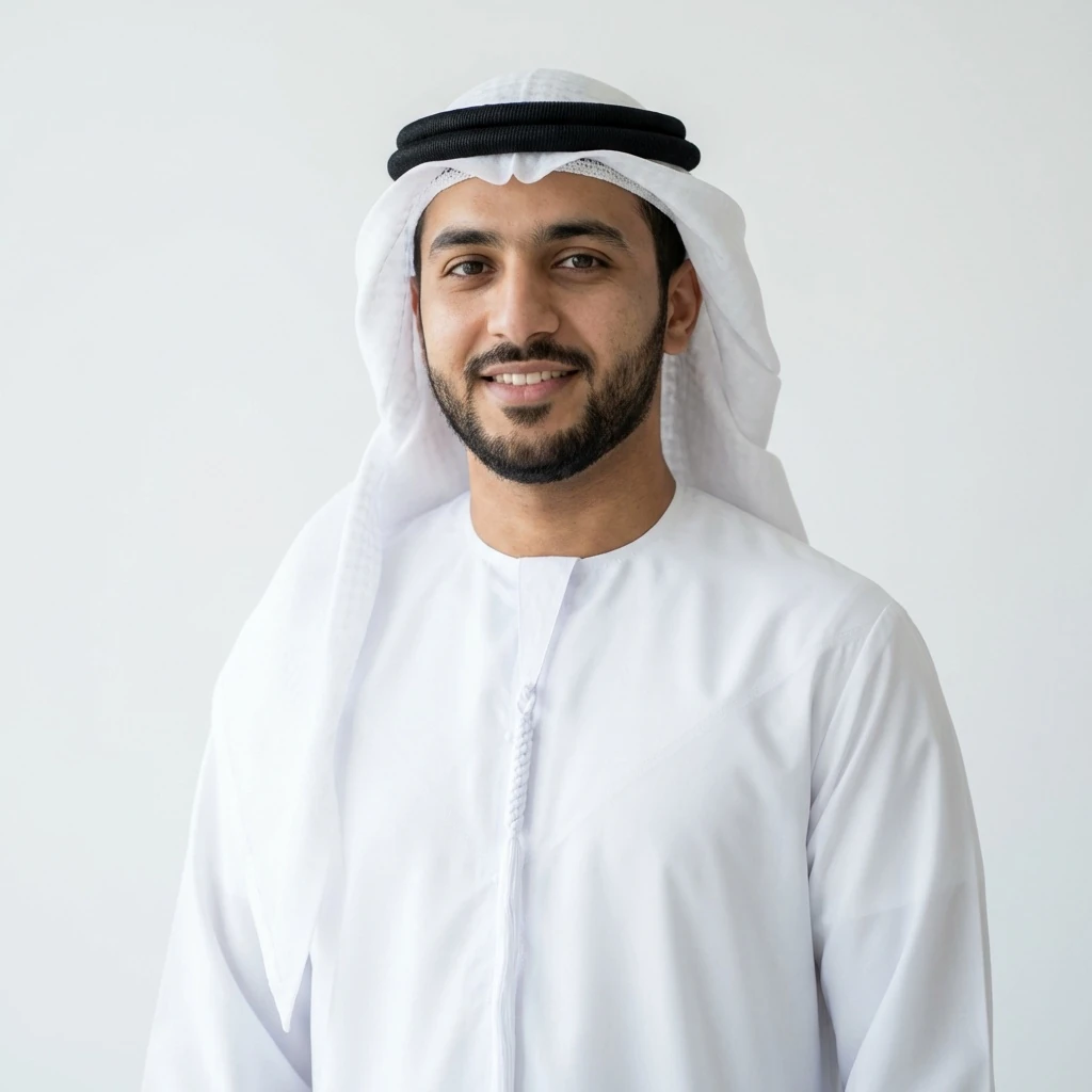 Portrait of Emirati Man in Traditional Attire Against White Background