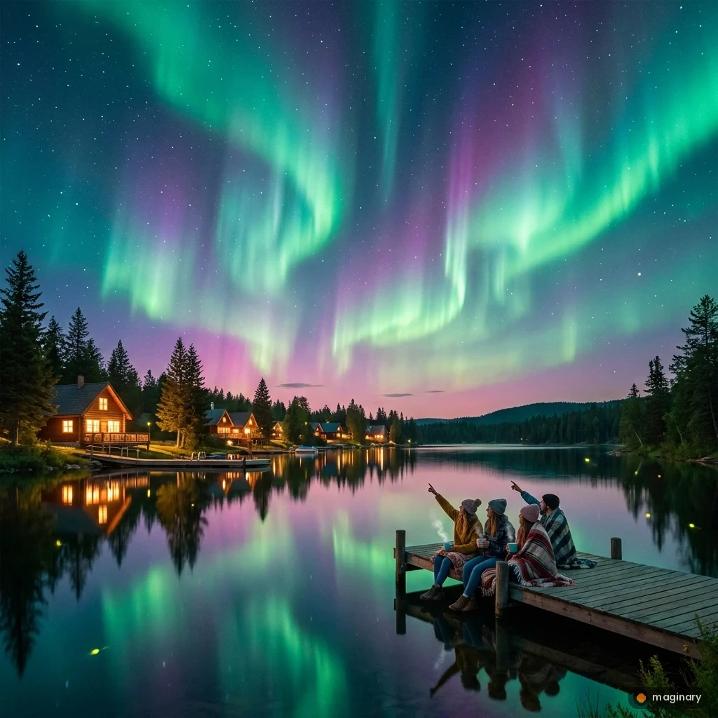 Friends on a lakeside dock watching emerald and violet northern lights reflect on calm water at night.
