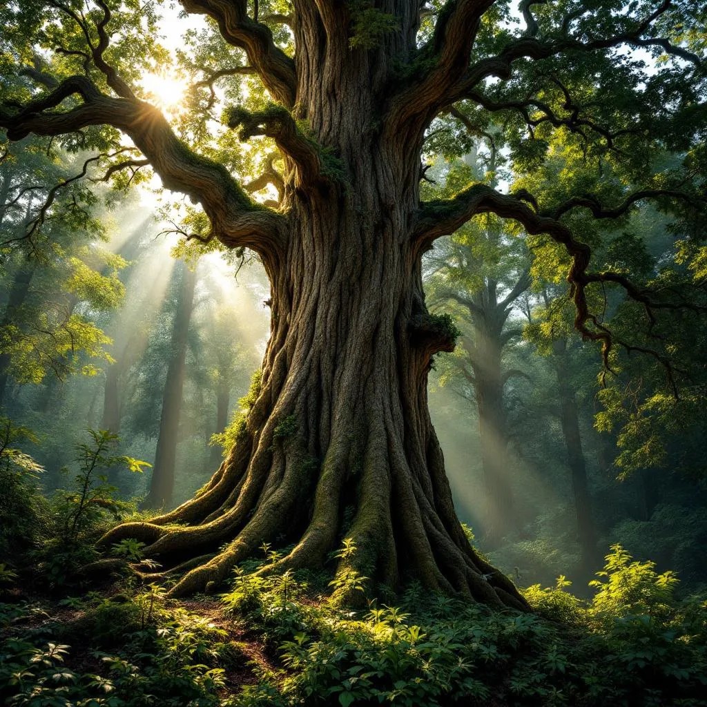 Colossal Ancient Tree with Lush Canopy and Mystical Mountains