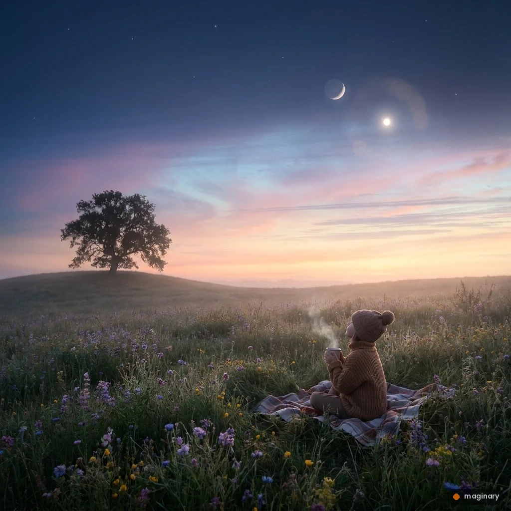 Crescent Moon beside bright Venus over a dewy meadow at dawn, tiny stargazer with cocoa watching from a hill.