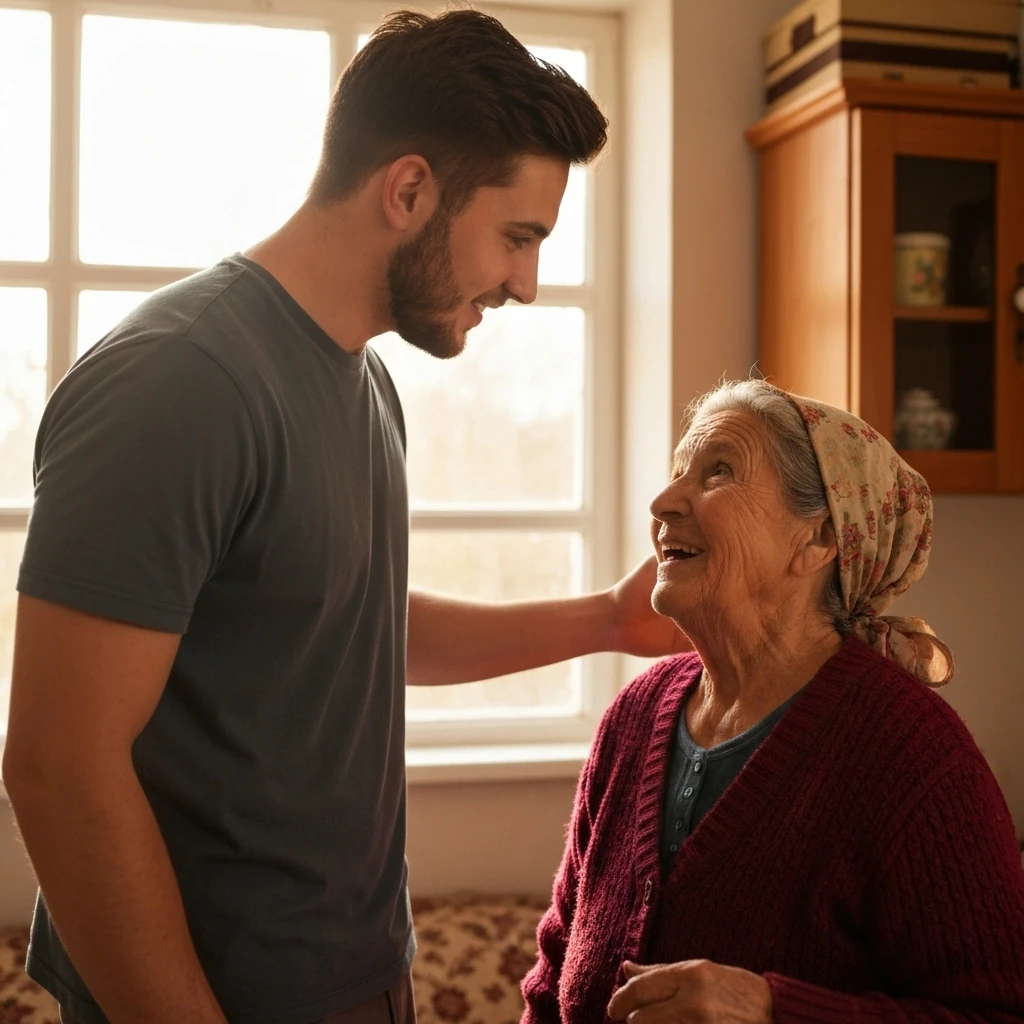 Young Man Presenting New Home to His Mother at Sunset