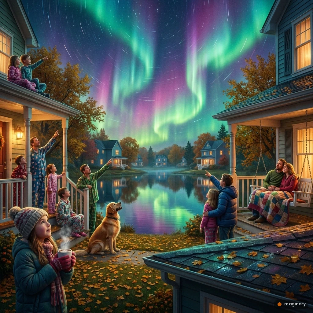 Families in pajamas on porches watch colorful northern lights ripple over a cozy autumn town and lake.