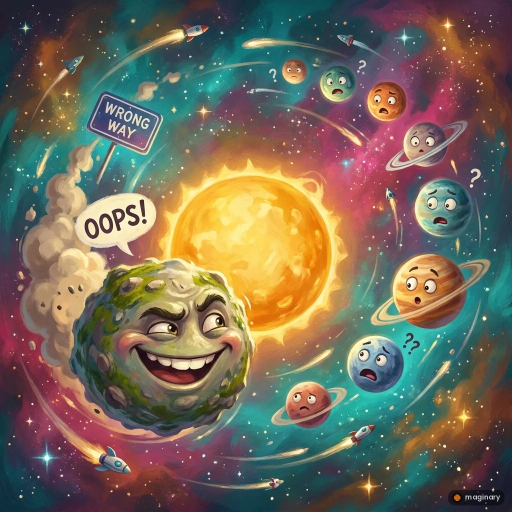 Cartoon exoplanet zooming backwards around a golden star as other planets orbit the opposite way, with a cosmic wrong-way sign.