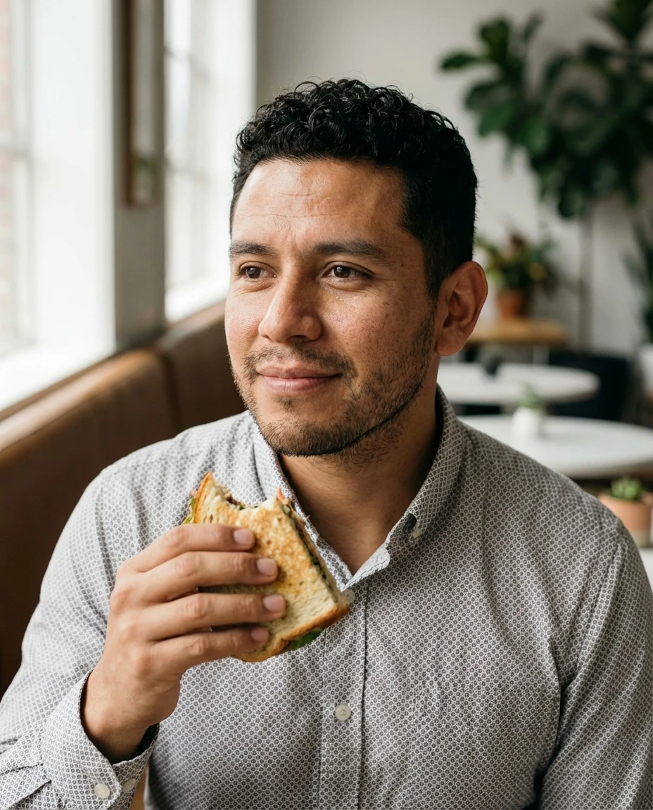 Candid Profile Photo of a Mexican Man Enjoying a Sandwich