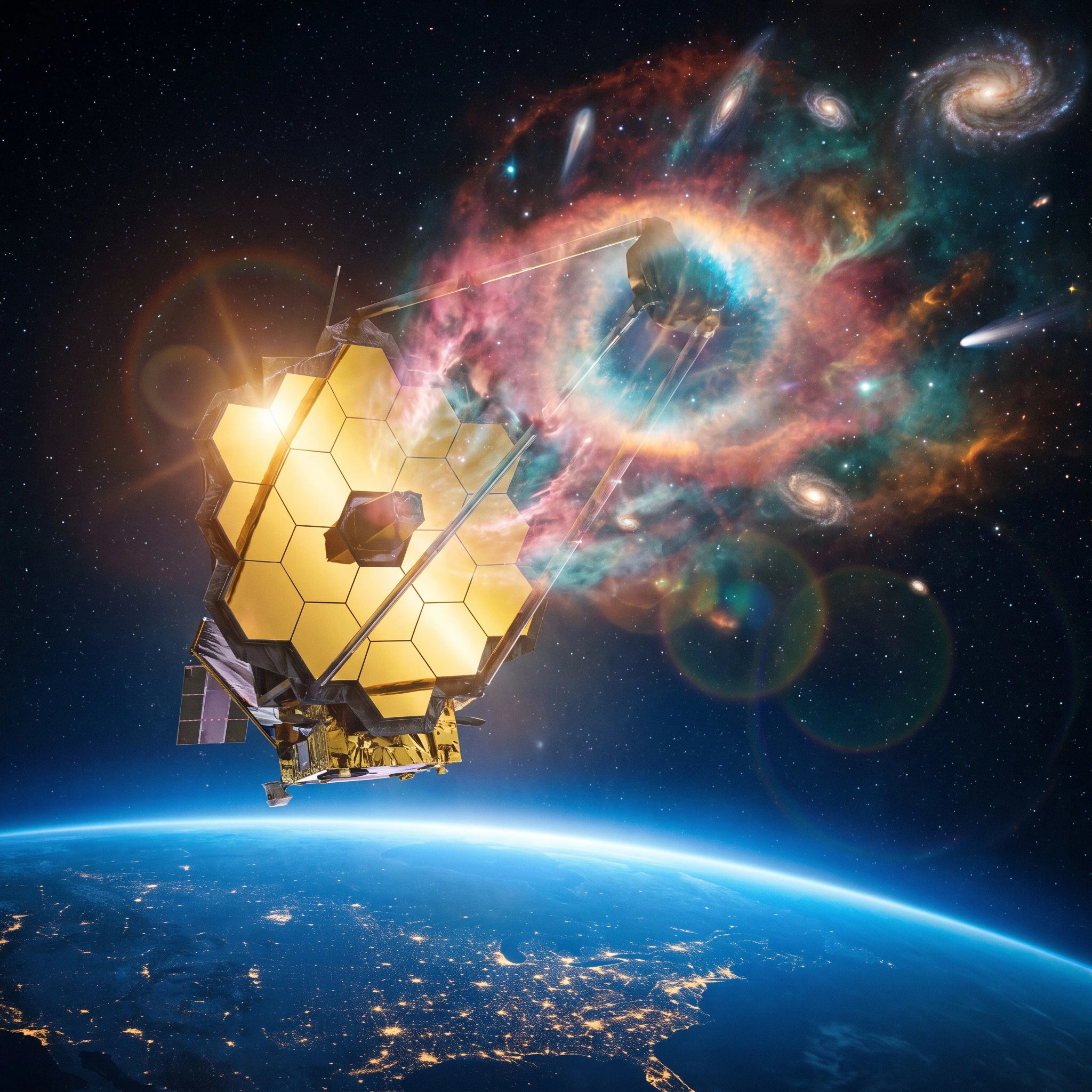 A golden space telescope above Earth revealing colorful nebulae and galaxies in the dark cosmos.