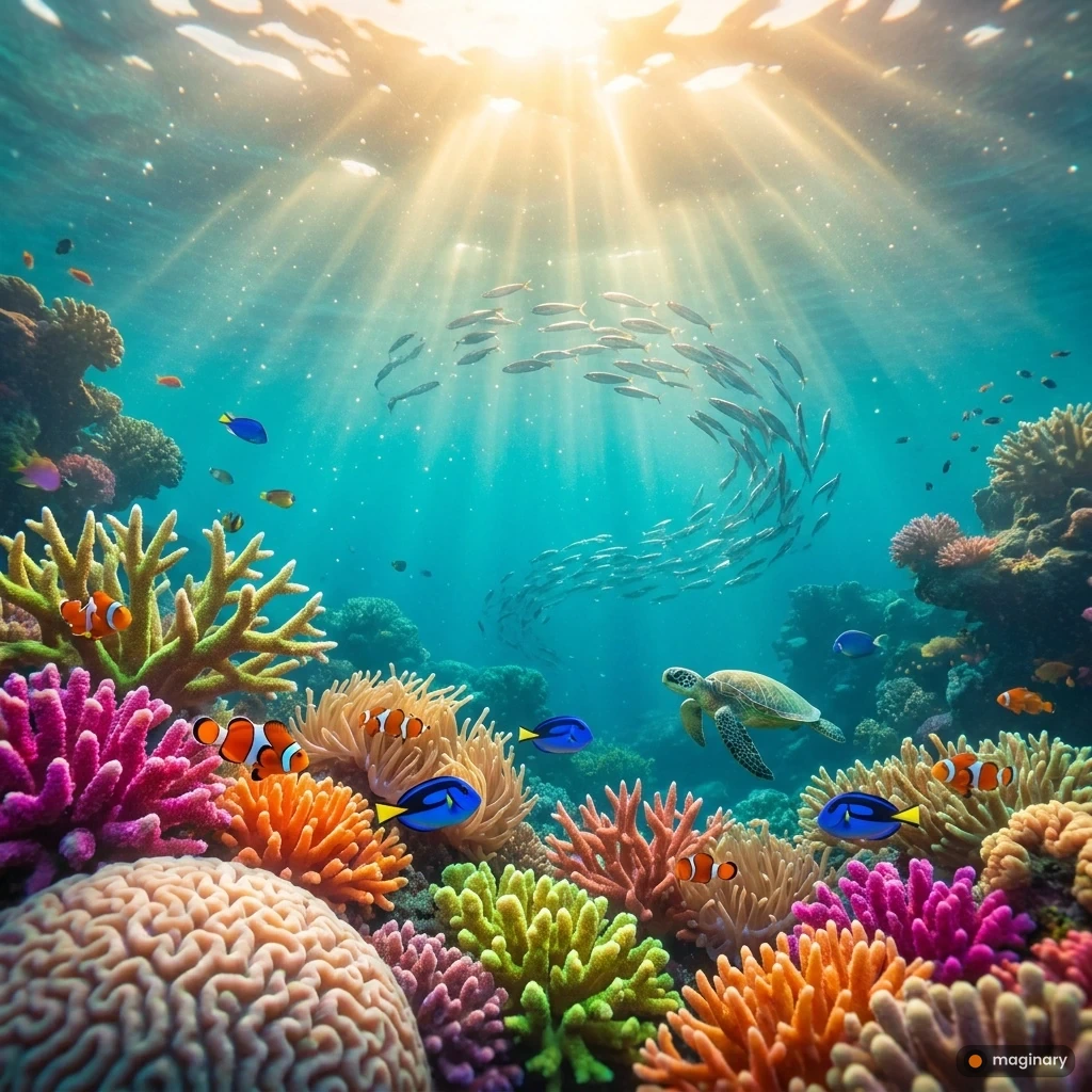 Vibrant coral reef bursting with color, tropical fish, and a sea turtle in sunlit turquoise water.