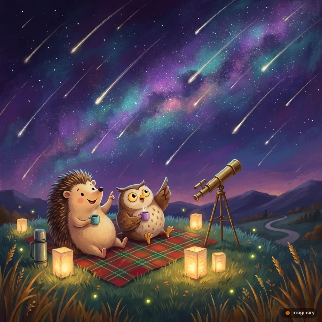 Cartoon hedgehog and owl on a hilltop blanket watch a meteor shower and glowing Milky Way.