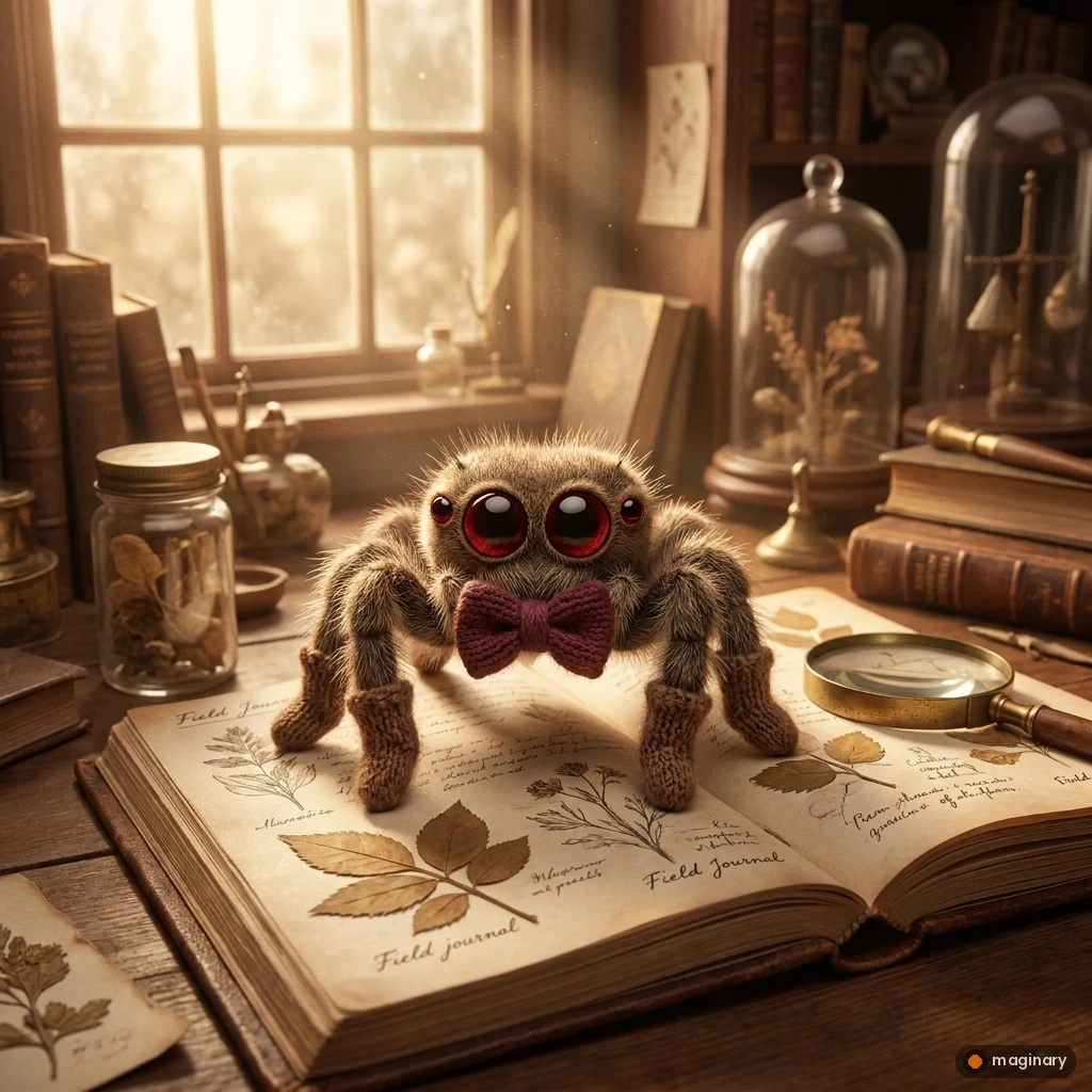 A fuzzy-legged, red-eyed spider with three tiny lips wearing a bow tie, posed in a sunlit naturalist study.